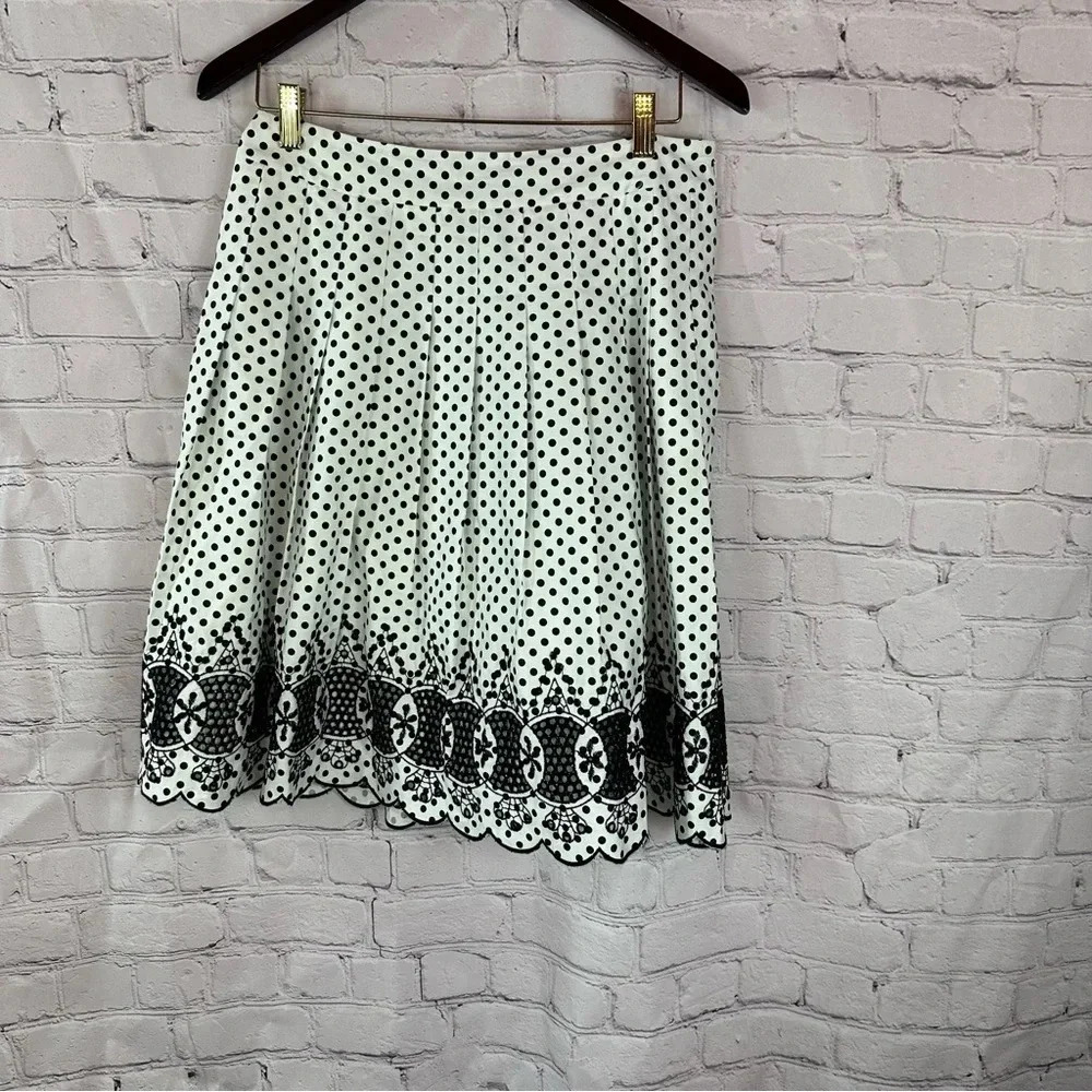 talbots petites midi pleated skirt black white polka dot scalloped hem sz 8P